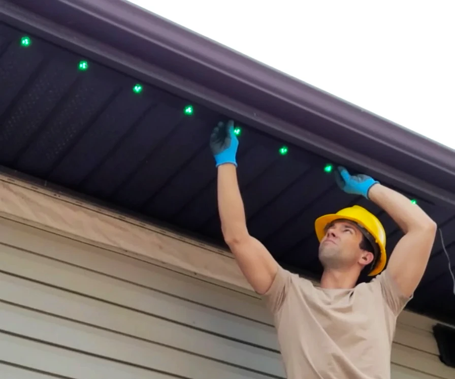 A Master Glow Tech installing the lights on the home's fascia.